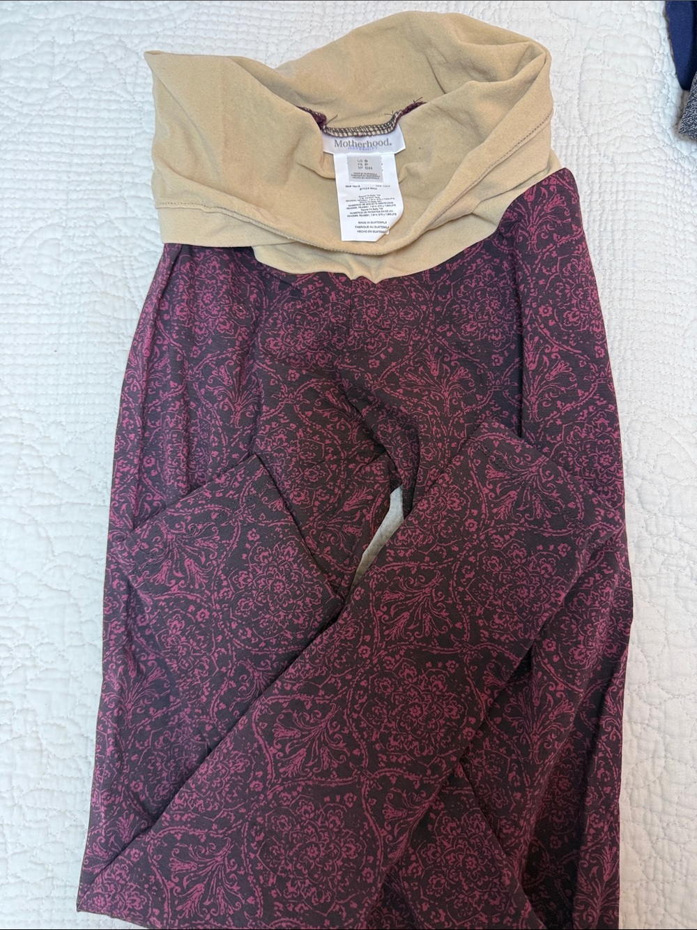 Motherhood Burgundy Paisley Maternity Leggings with Tan Fold-Over Waist